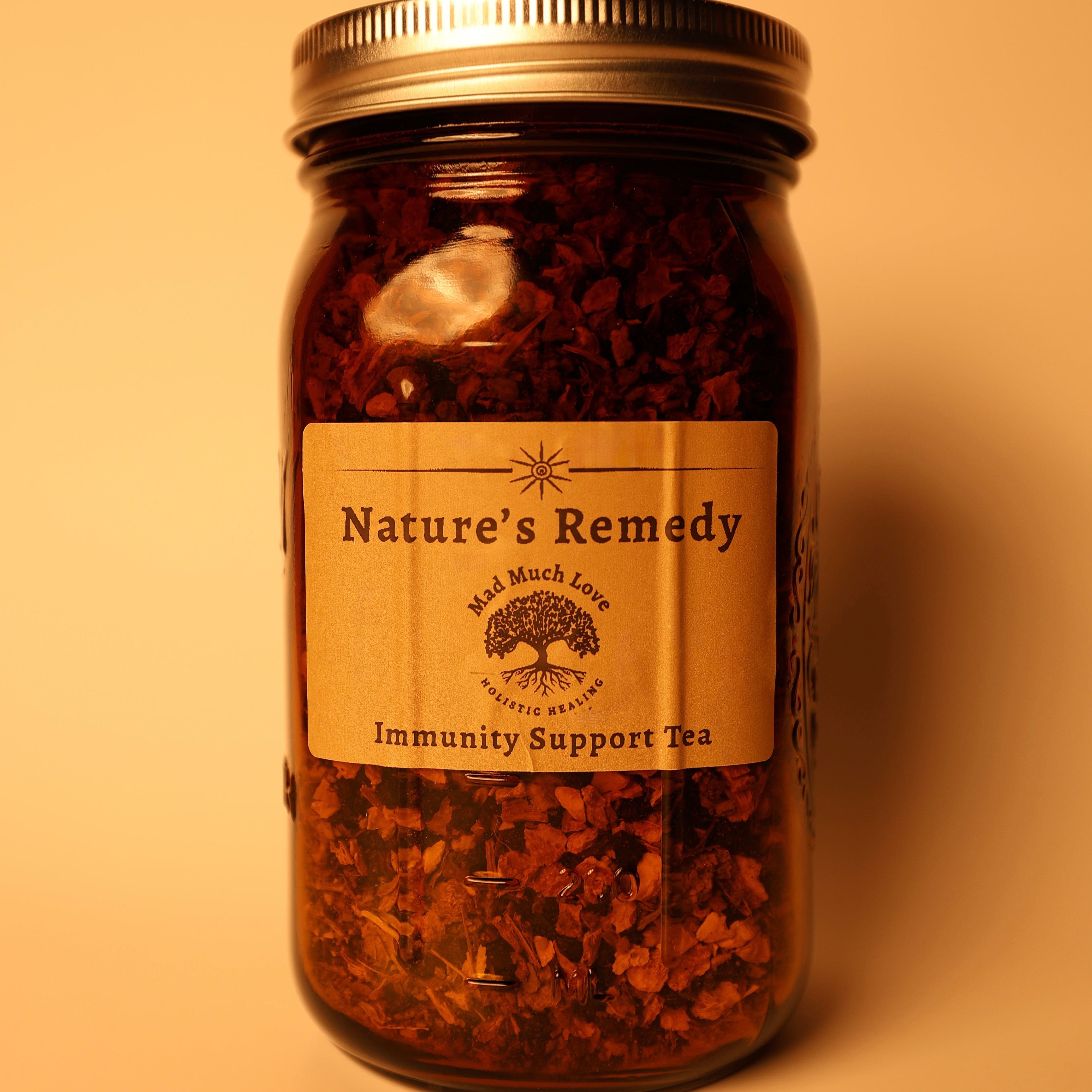 A soothing herbal blend crafted to support the body during times of sickness and recovery. Elderberry, a key ingredient, known for its high antioxidant content and immune-supporting properties, this tea helps the body respond to seasonal stress while promoting comfort and balance.

Rich in vitamins and plant compounds, this herbal blend works to support natural defenses, making this a powerful daily ally for restoration. A tea sold by MadMuchLove Holistic Healing. 